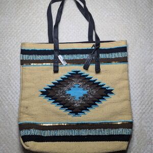 ALDO Beaded Canvas Tote Bag Genuine Leather Straps Southwestern Tribal Large Bag